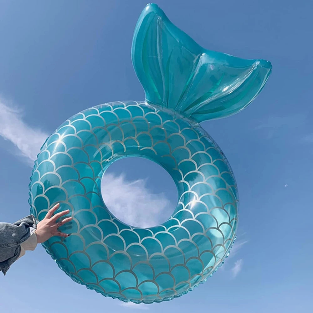 1Pc Inflatable Mermaid Swim Ring Fishtail Backrest Transparent Adult Swimming Ring